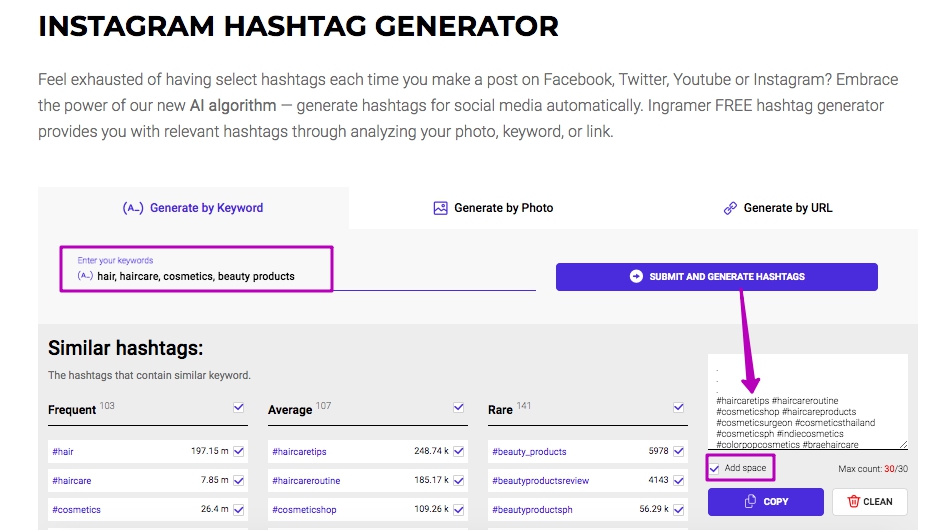 Instagram Hashtag generator screenshot
