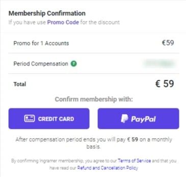 2. Escolha o botão “Cartão de Crédito” ou “PayPal”;