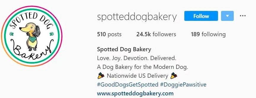 Spotteddogbakery Instagram account with Highlight what is crucial via emojis
