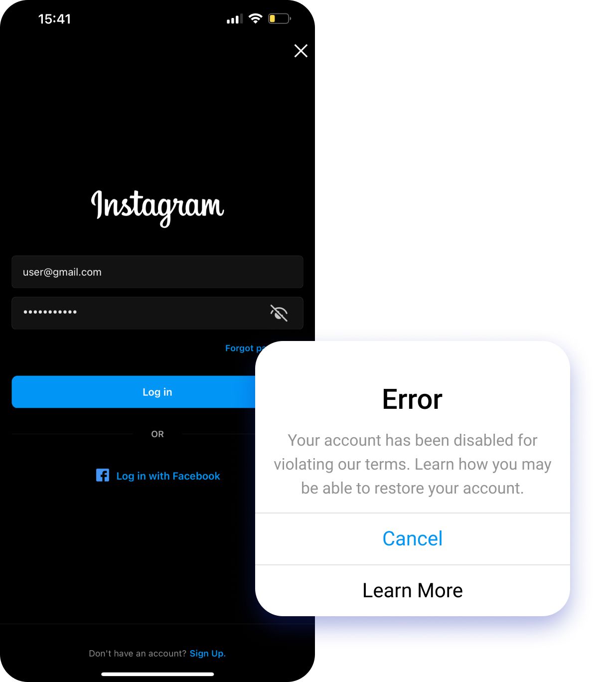 Instagram account error message