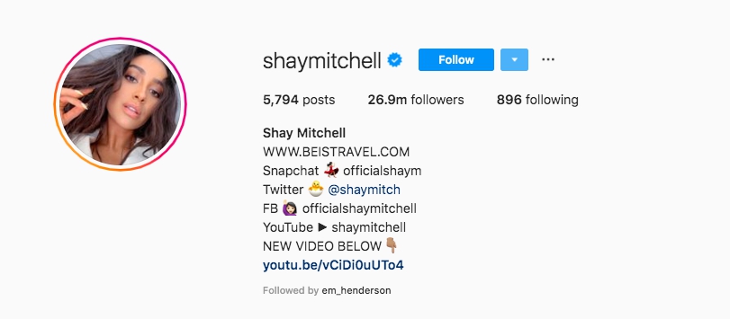 Shay Mitchell displays her bio on IG