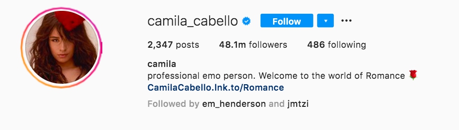Camila Cabello IG account screenshot