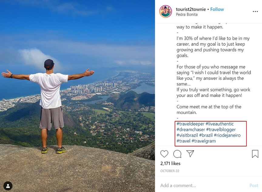 Instagram post with best travel hashtags