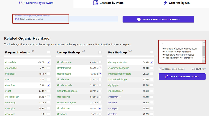 food hashtags generator